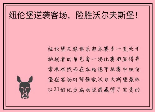 纽伦堡逆袭客场，险胜沃尔夫斯堡！